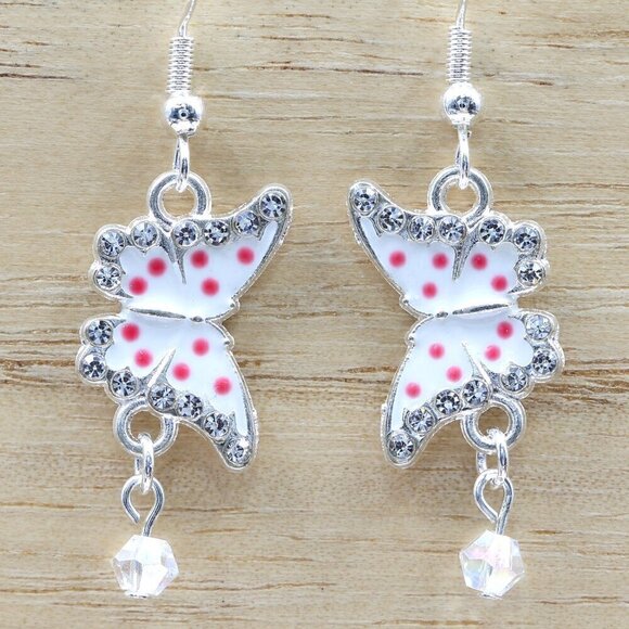 Artisan Jewelry - Pink Polka Dot Butterfly Earrings Handmade Sterling Silver